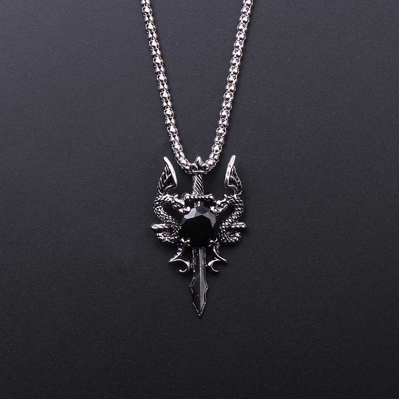 Men'S Accessories And Jewelry - Kalung Salib Permata Hitam Naga Ganda